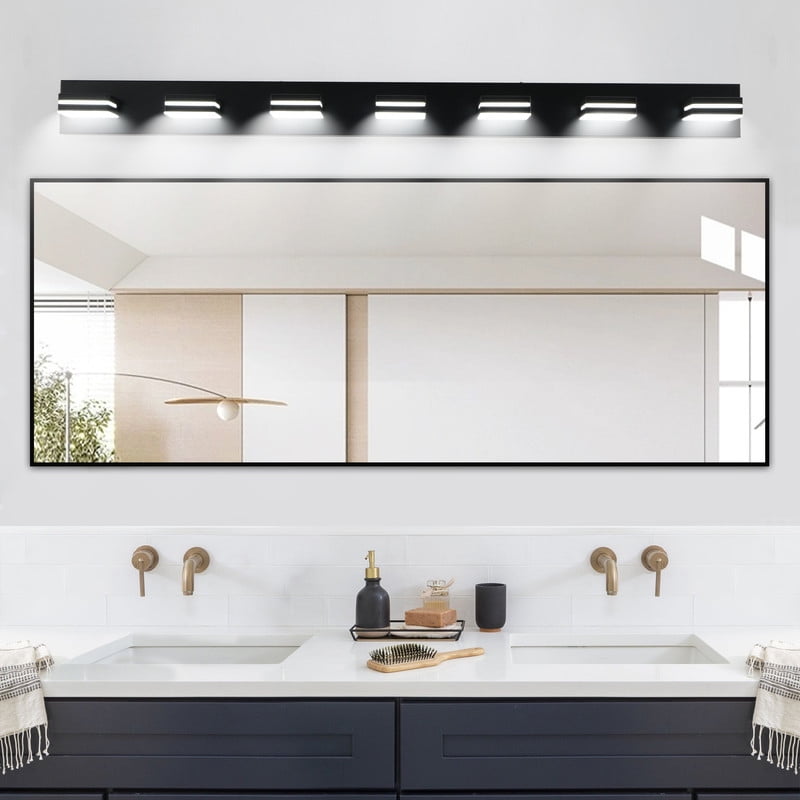 Modern Black LED Vanity Light, 7-Lights Wall Sconce for Bathroom and Mirror, Sleek Minimalist Design, Energy-Efficient, Easy to Install