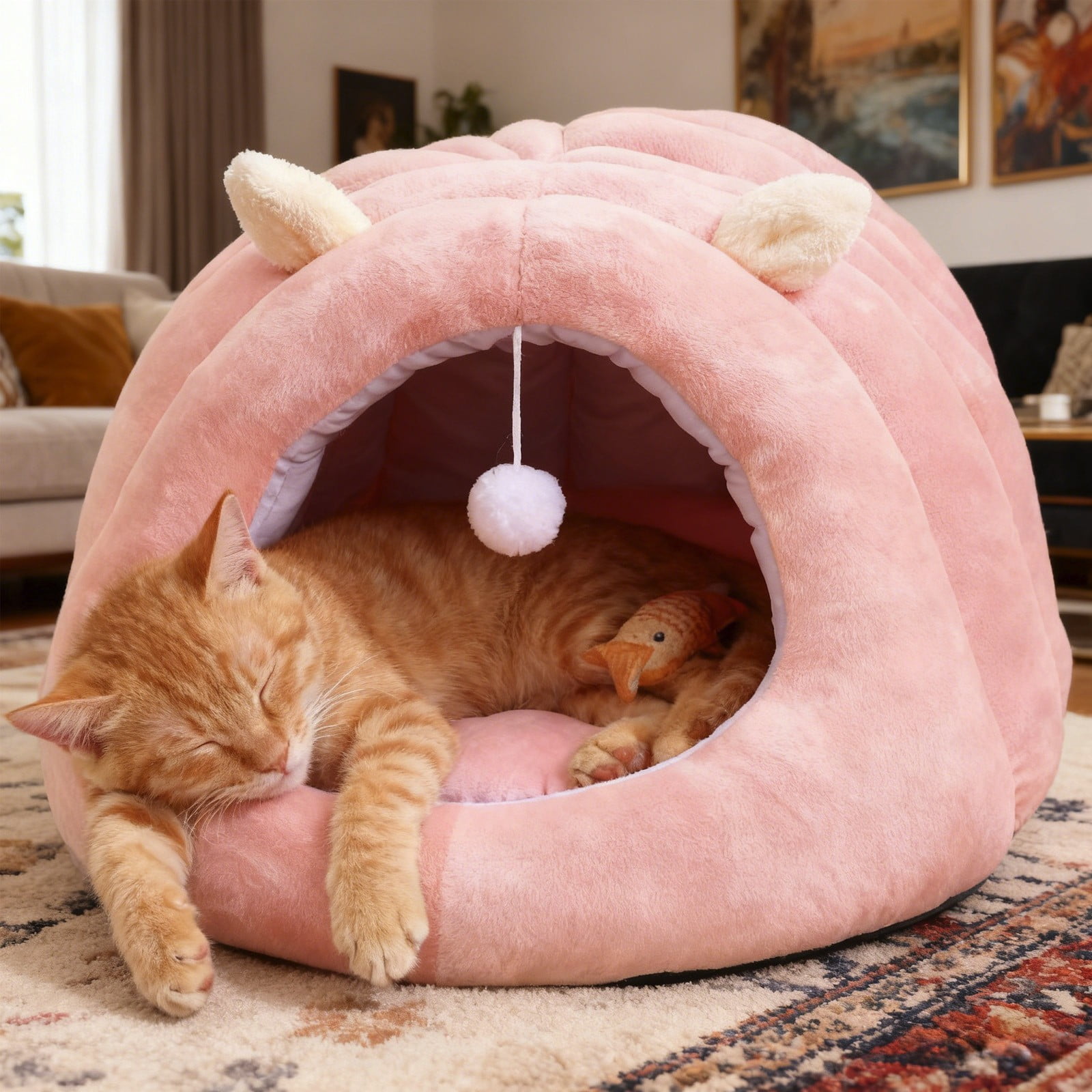 Cat Bed Calming Donut Pet Bed Semi Enclosed Pet House Washable Removable Cushion, Warm Thickened Anti Anxiety Comfortable Support Sleep Nest, for Indoor Winter Sleeping Resting Small Dogs Cats
