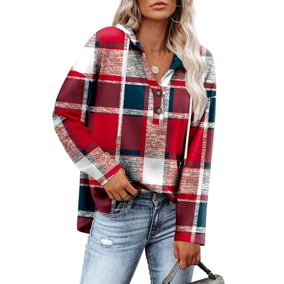 Nxznwn Plaid Hoodies for Women Oversized V Neck Hooded Pullover Sweatshirts Casual Button Down Long Sleeve Shirts Loose Fall Tops
