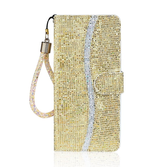 Samsung Galaxy A53 5G Wallet Phone Case, PU Leather Sequins Shining Glitter Shockproof Card Holder Kickstand Folio Flip Case Cover with Wrist Strap Samsung A53 6.5" Phone, Gold