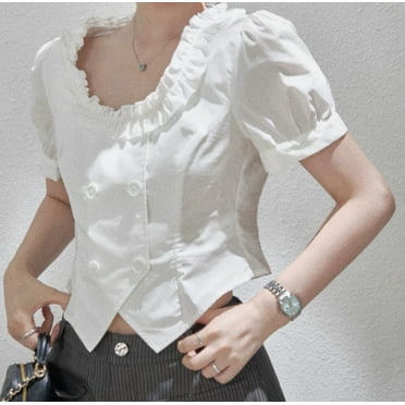 Women's U-Neck Ruffled Double-breasted Cropped Blouse