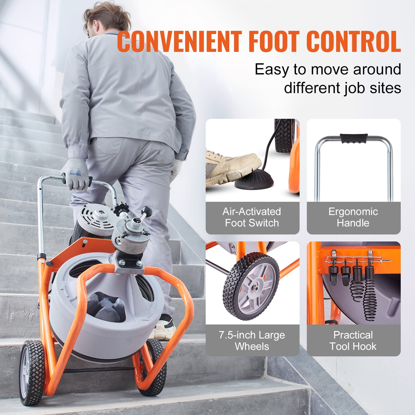 KFFKFF 75FT x 3/8 Inch Drain Cleaner Machine with Auto-Feed, Portable Sewer Snake on Wheels, Drain Cleaning Tool with 8 Cutters & Foot-Activated Switch for 2" to 4" Pipes