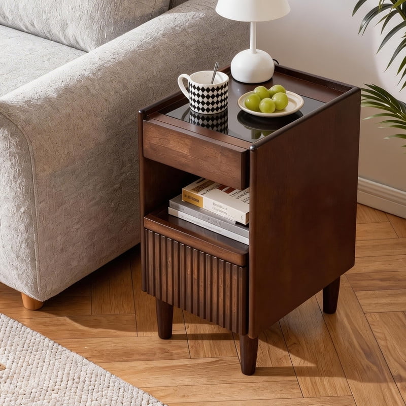 1PCS Solid Wood Nightstand with Drawers and Pull-Out Panel, Bedside Storage Table with Glass Flip Top, Sofa Side Table