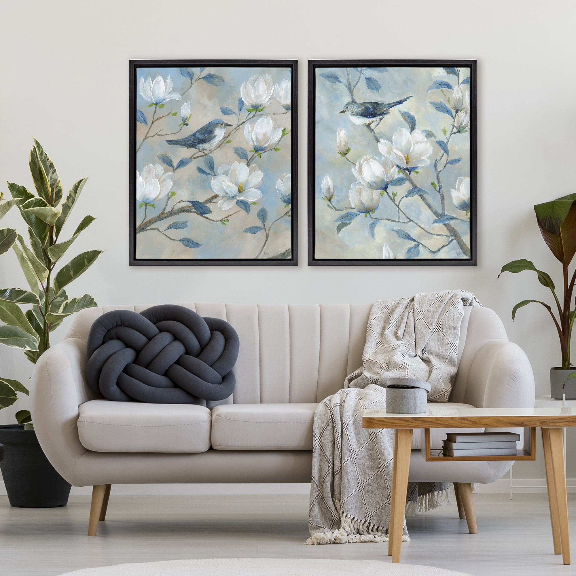 Stupell Industries Blue Birds in Magnolia Tree 2 Piece Black Framed Floater Canvas Set, design by Nan