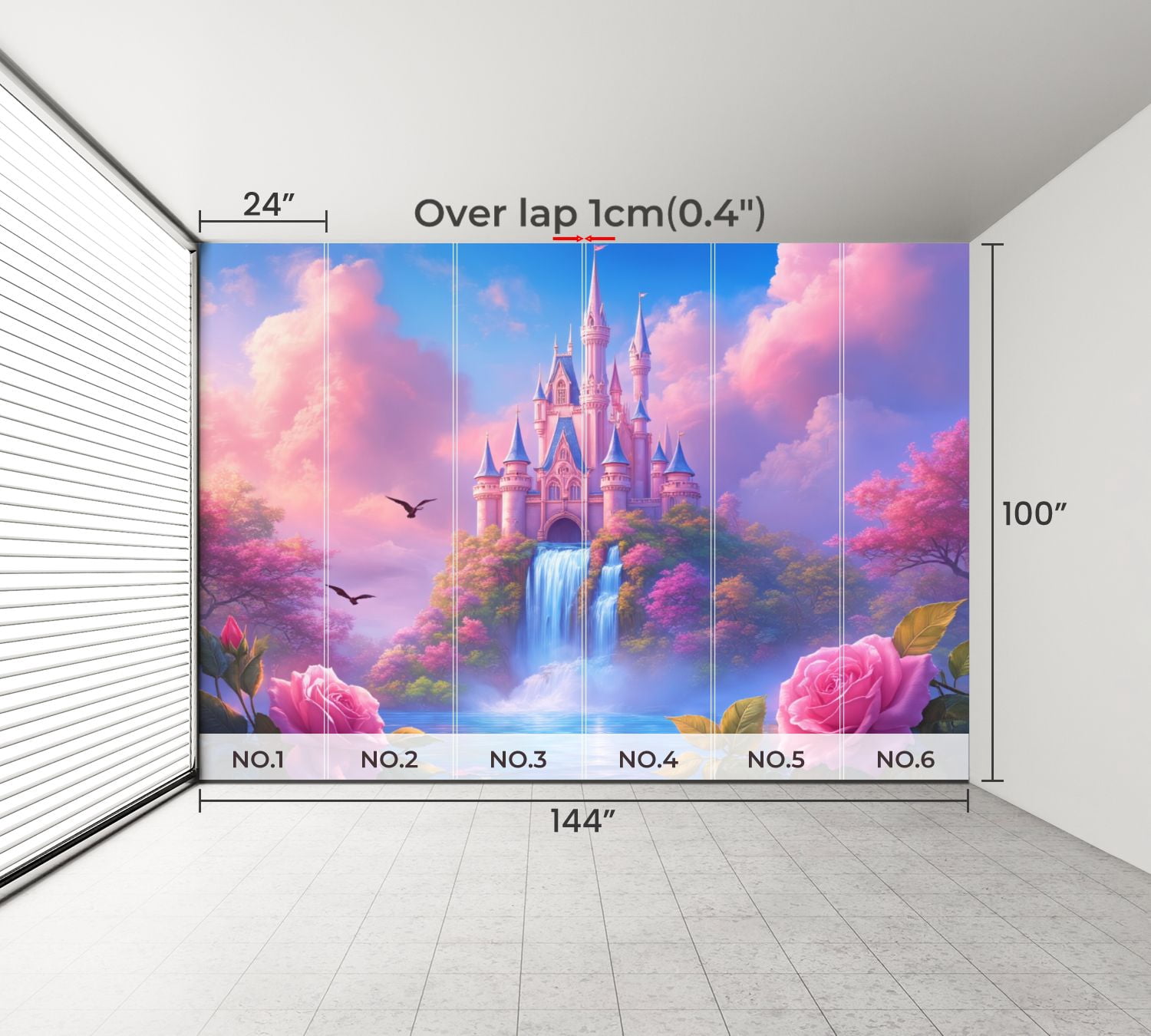 100"x144" Wall Mural Peel and Stick Wallpaper Fantasy Castle Waterfall Pink Clouds Dreamy Landscape Wall Decor Self Adhesive Removable Wall Stickers for Bedroom Living Room