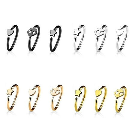 Nose Ring 20G 3-Pack Heart Anchor & Star Hoop Rings Cartilage Piercing