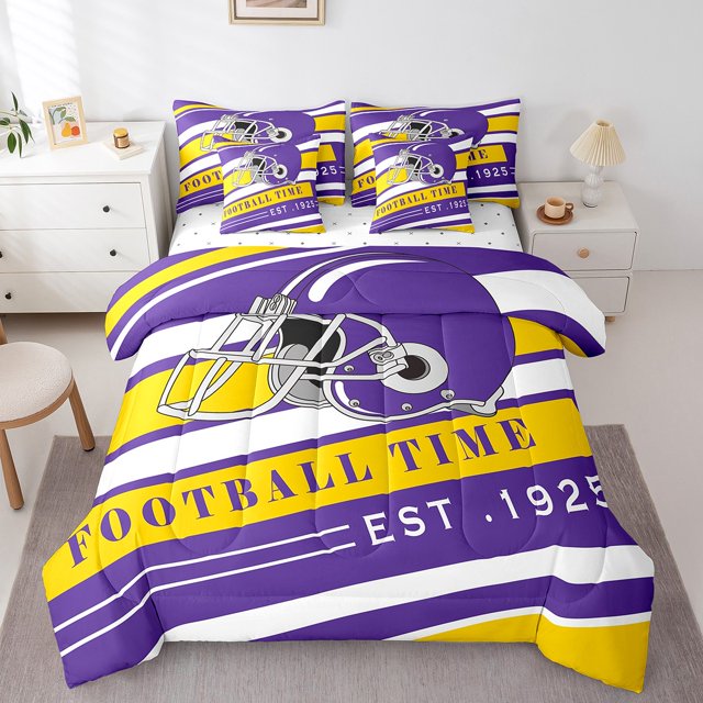 YST Sports Ensemble de Douillette 7 Pcs pour Garçons Double, Ensemble de Literie Football Rugby pour Déco de Chambre d'Amateurs de Football, Lit Tout-en-un à Rayures Violettes et Jaunes, Ensemble de Draps de Jeu de Ballon de Rugby Réversible