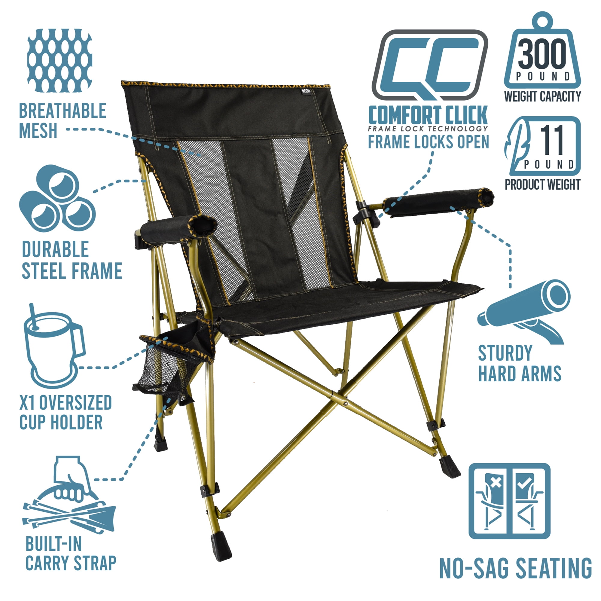 Equip Comfort Click XL Portable Outdoor Hard Arm Chair with Mesh Back and Cup Holder, 300 lb Capacity