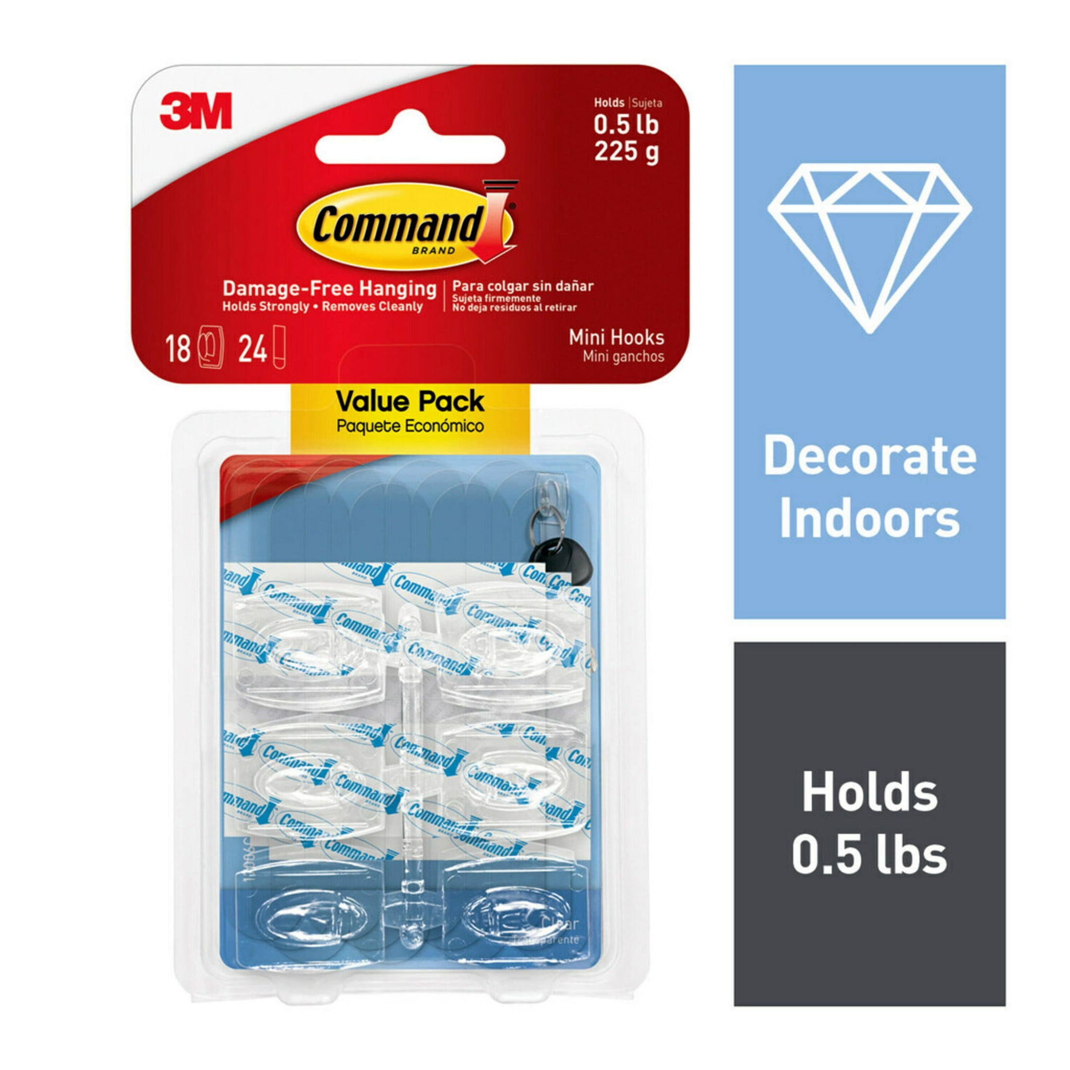 (3 pack) Command Mini Wall Hooks, Clear, Damage Free Decorating, 18 Hooks and 24 Command Strips