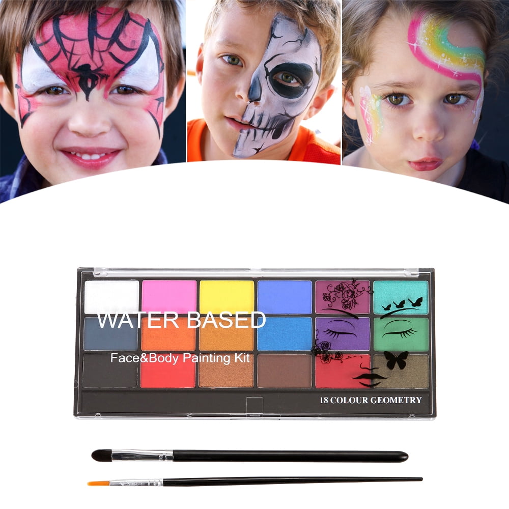 Face Paint Kit 18 Color Washable Water Based Body Painting With 2 Brushes Safe & NonToxic