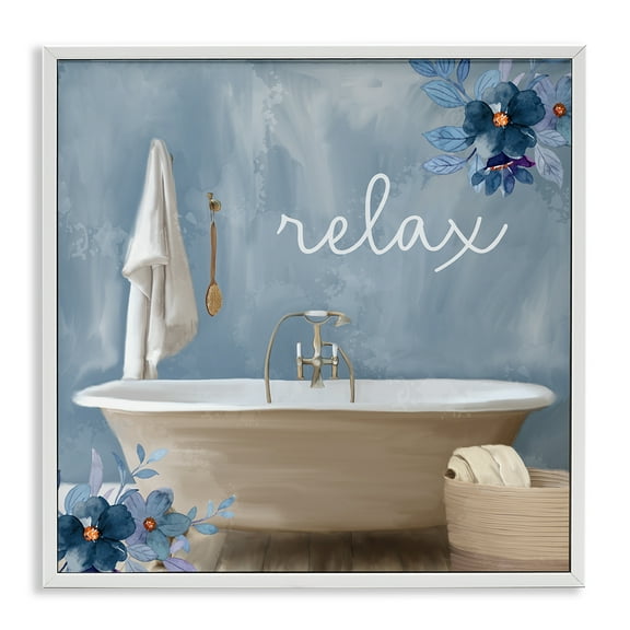 Blue Floral Relax Bathroom Scene White Framed Giclee Art, 24 x 24, Made In USA