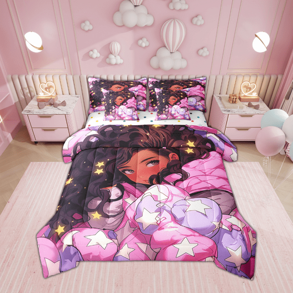 Afro Comforter Set 7 Piece Bed in a Bag Twin,American African Princess Magical Bedding Sets Black Hair R Stars Sheet Set with Comforter