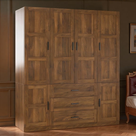 HIUU 71" Tall Walnut Armoire Wardrobe Closet,Wooden Armoire Wardrobe Closet with 3 Drawers and 6 Doors,Storage Closet Cabinet with Shelves and Hanging Rod,Large Capacity Storage Cabinet for Bedroom