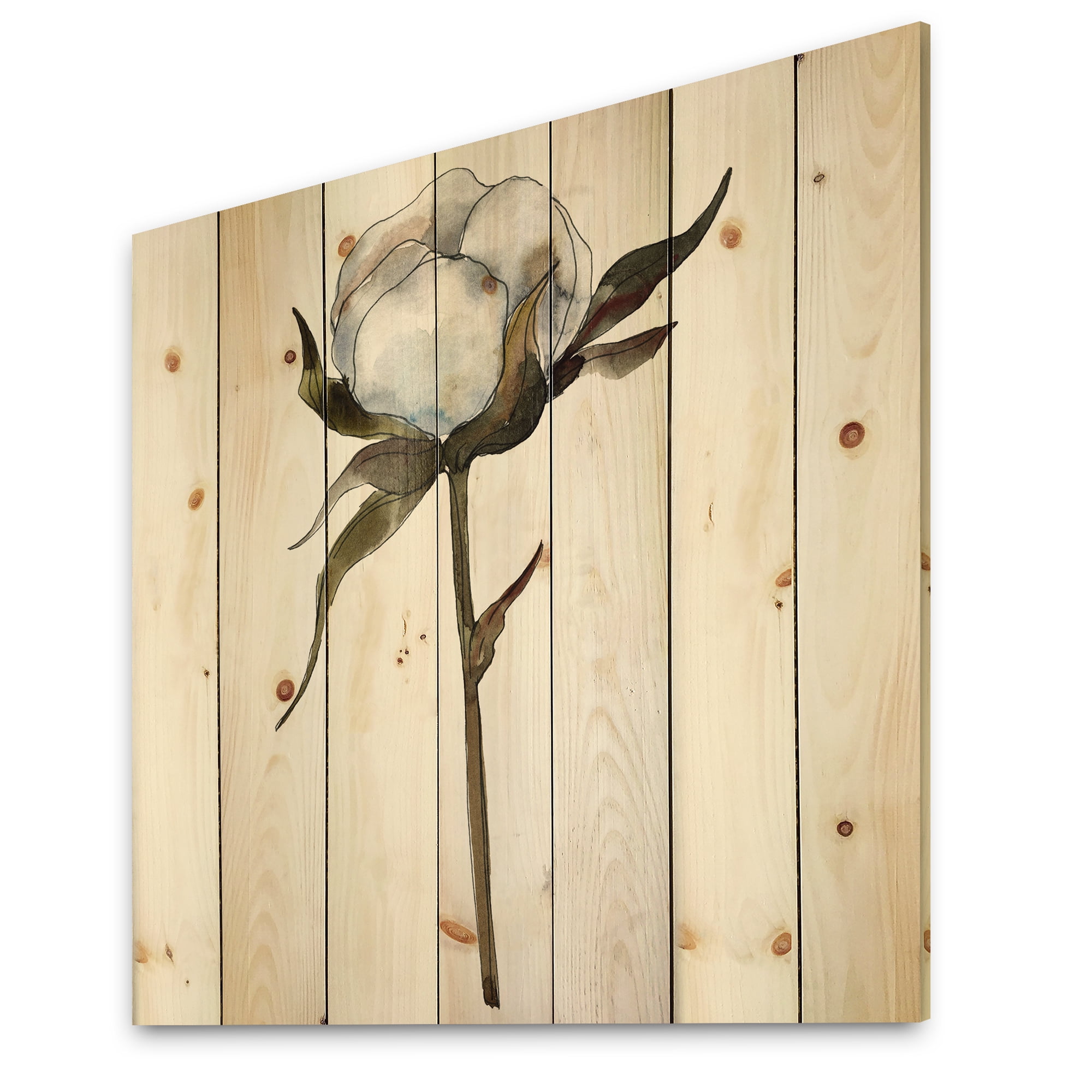Designart 'Cotton Flower Retro Style' Traditional Print on Natural Pine Wood