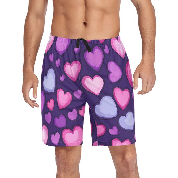 Men's Pajama Shorts Bottoms with Pockets Soft Lightweight Lounge Sleep Wear Pink and Purple Hearts