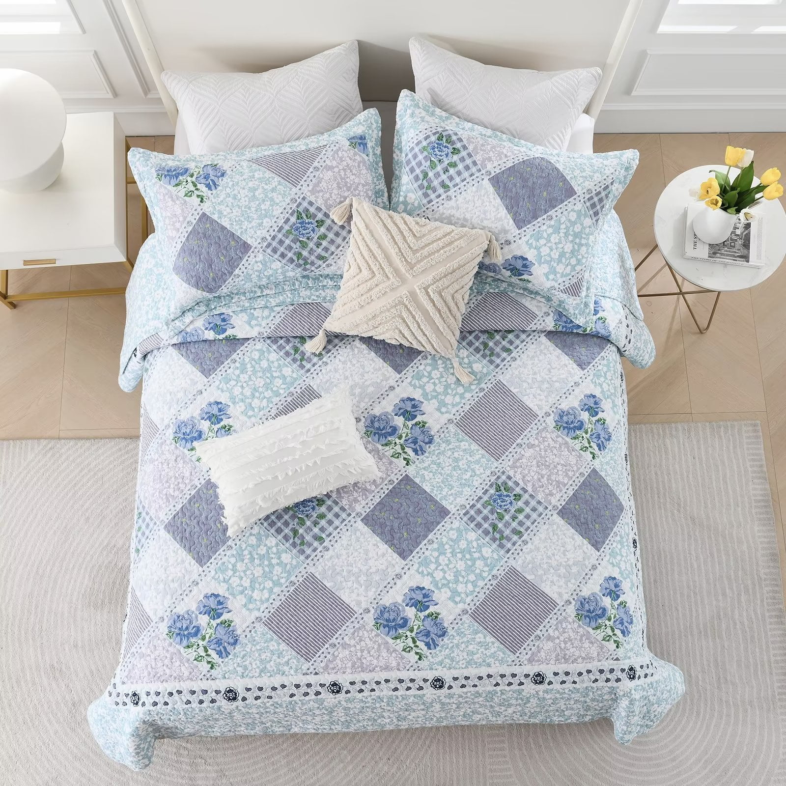 DDUOXIN California Queen Quilt Bedspread Set, 100% Cotton Blue Plaid Floral Reversible Oversized Queen Size Quilt Bedspread, Lightweight Farmhouse 3-Piece Spring Quilt for Queen Bed - 120"x102"