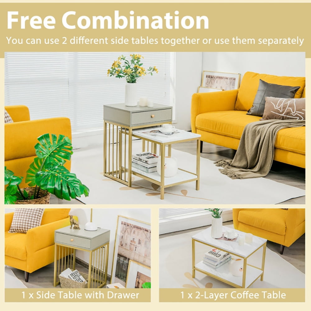 Finihen Rectangular Nesting Coffee Table, Modern Nesting Side Set, 2 Pieces Modern Nesting Coffee Table Set with Drawer and Shelf, for Living Room, Bedroom, Reception Room, White