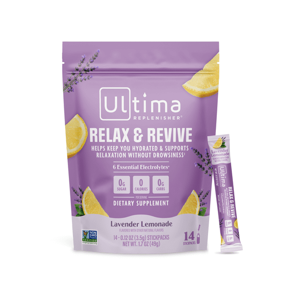 Ultima Replenisher Relax and Revive Lavender Lemonade Powdered Electrolyte Drink Mix, 1.7 oz, 14 Count Packets