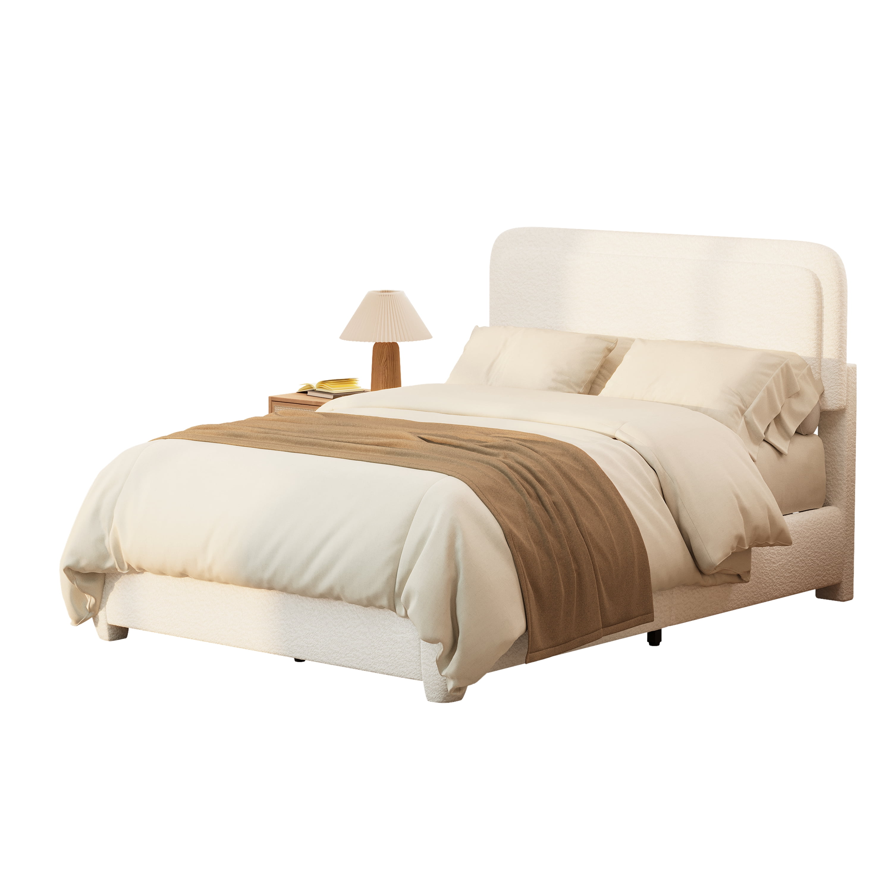 Euroco Boucle Full Size Platform Bed with Height Adjustable Headboard, Low Profile Modern Bed with Curved Cloud Headboard, White