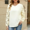 thumbnail image 2 of Lenpel Women's Floral Lace Long Sleeve Shirts Scalloped V Neck Hollow out Dressy Casual Tops Loose Party Blouses(Beige,Large), 2 of 7