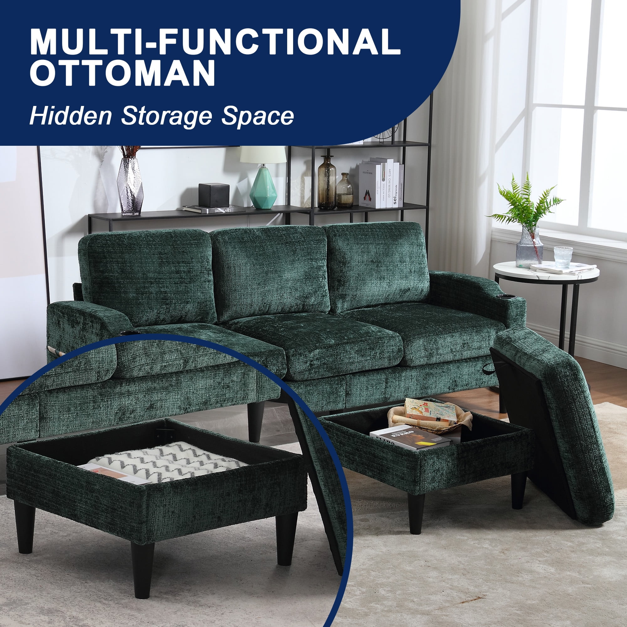MOONMISS Chenille Upholstered L-Shaped Living Room Sofa with Storage Ottoman-Emerald