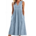 thumbnail image 2 of Roncen Women's Linen Casual Dress Summer Sleeveless V Neck Sundress Casual A-line Flowy Tank Midi Dresses with Pocket, 2 of 5