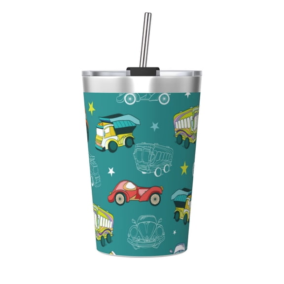 PAYOHTO Cars Trucks Motorcyles Insulated Stainless Steel Tumbler 12 oz Thermos Come with Straw Kids Leak-Proof Travel Mug Cup