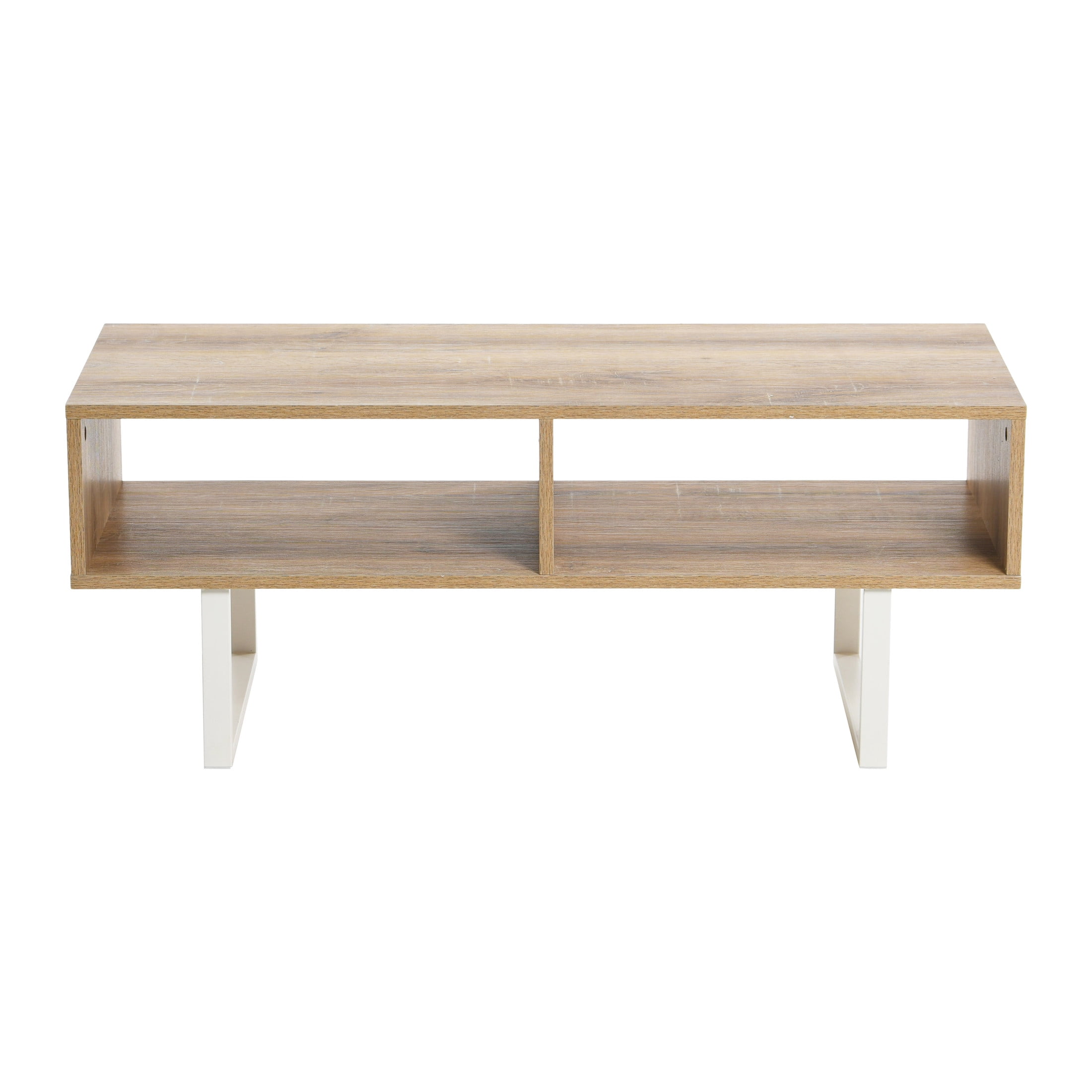 Household Essentials Jamestown TV Stand Coffee Table with Rectangular Storage Compartments Coastal Oak Rustic Wood Grain and White Metal