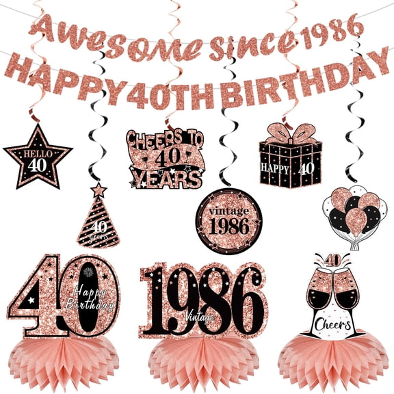 11Pcs 40th Birthday Decorations Kit for Women, Rose Gold Happy 40th Birthday Banner, Awesome Since 1986 Centerpieces Swirls Party Supplies, Forty Bday Banner Ceiling Table Topper Sign