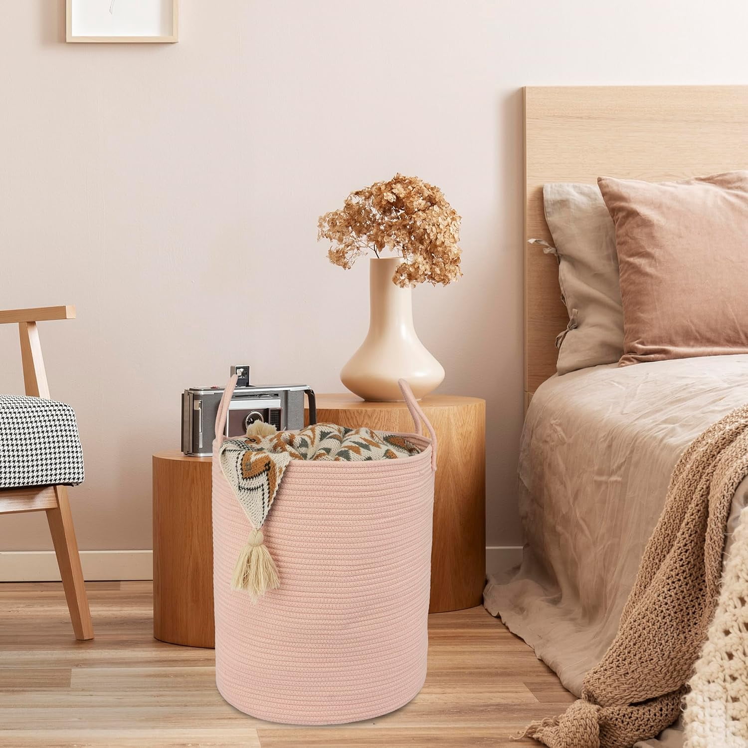 WarmHaven Cotton Rope Laundry Basket Hamper for Clothes Woven Storage Basket for Living Room Bedroom Boho Tall Rope Baskets for Blanket Toys Pillow Towels Baby Nursery Hamper Bin coral pink