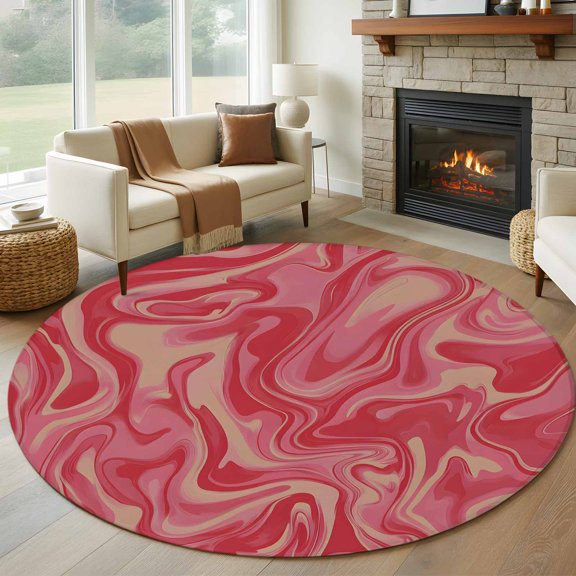 Pink White Abstract Art Round Rug 5ft Washable Circle Kitchen Rugs Non Slip Modern Wave Art Large Area Rug Indoor Floor Carpet for Bedroom Living Room Home Office Dining Room Nursery