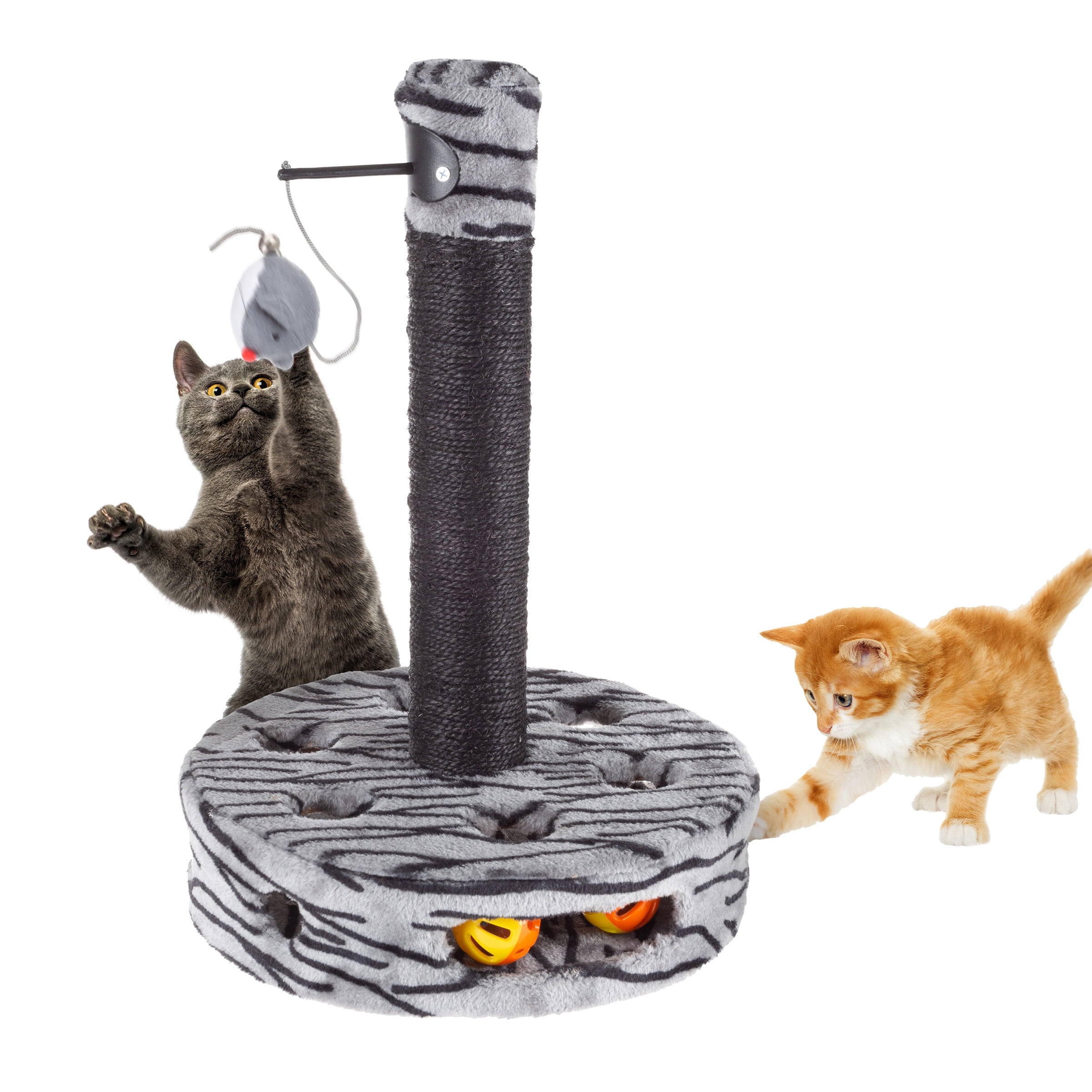 Sisal Scratch Pole & Hanging Mouse for Adult Cats & Kitten Kitty Tree PETMAKER Interactive Cat Scratching Post Built-in Rolling Ball & Track Toy 