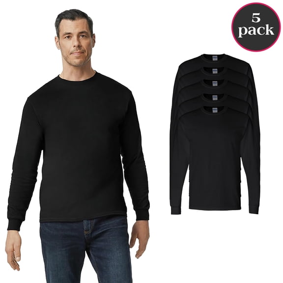 Gildan Heavy Cotton Long Sleeve T-Shirt for Men, 5 Pack, Everyday Wear Black Crew Neck Tee, Size S