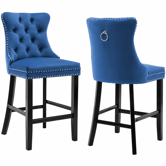 Bar Stools Set of 2, LEGAHOME Velvet Counter Height Bar Stools with Back, Button Tufted Upholstered Kitchen Island Chairs with Nailhead Trim, Solid Wood Legs, Footrest, Blue