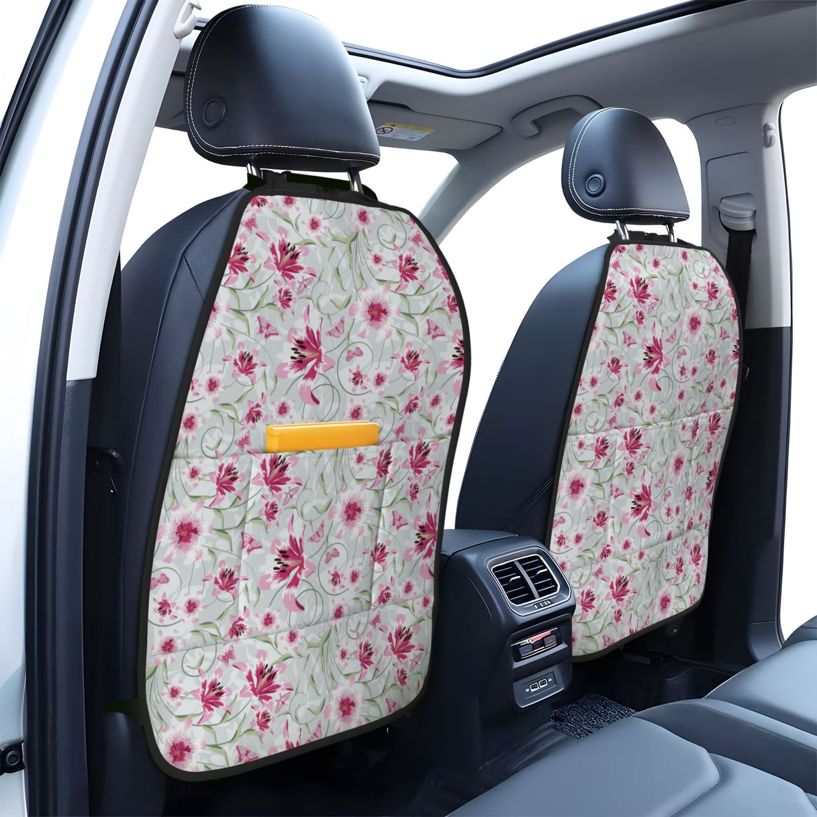 Xecao Lilies Flowers Pattern Car Seat Back Protector 2 Pack Large Capacity Pocket, Kick Mats Back Seat Protector