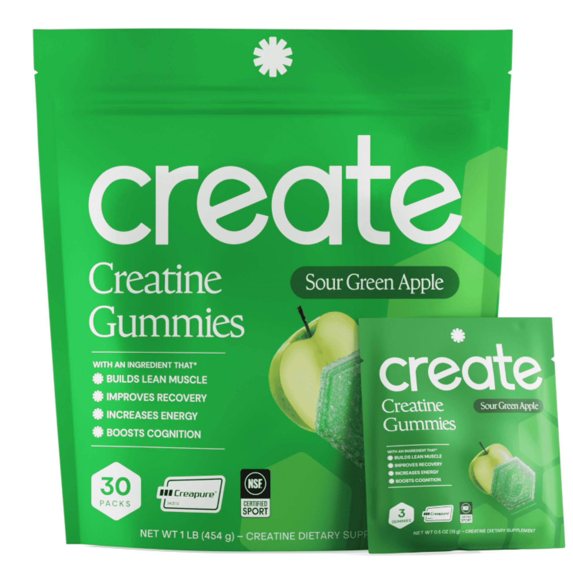 Create Creatine Monohydrate Gummies, Single-Serve Packs, Sour Green Apple, 30 Packs (90 Gummies)