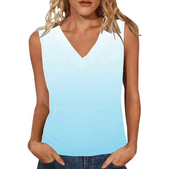 Mujeres sin mangas Tops de verano gradiente color fuera de posición impresión V-cuello blusa casual Mujeres V-cuello de verano Tops