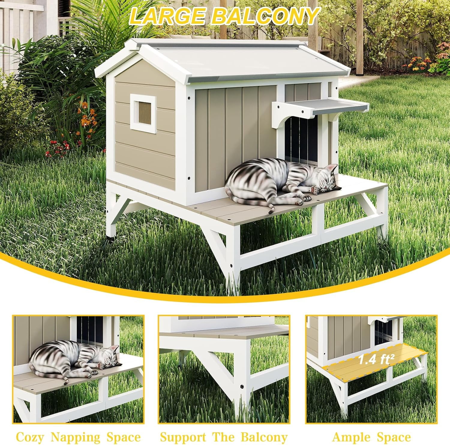 28.7"L Cat House Outdoor Feral Cat Shelter with Balcony,Weatherproof Cat Houses for Outdoor Cats with Openable Asphalt Roof,Wooden Feral Cat Enclosure with Raised Base for 1-3 Cats(GREY)