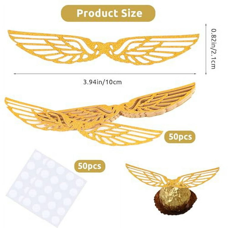 50PCS Wizard Party Chocolate Decoration Golden Snitch Wings Chocolate  Decoration, Snitch Wings Wafer Cupcake Toppers with 50pcs Glue Point, Wafer