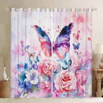 Manfei Colorful Romantic Flower Blackout Curtains Set of 2 (52x84 Each),Vintage Butterflies Window Curtains,Pink Blue Curtains and Drapes For Girls,Ultra Soft Home Decor
