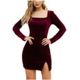 thumbnail image 2 of OSFVNOXV Flannel Dress for Women Square Neck Long Sleeve Split Bodycon Stretchy Cocktail Party Dress, 2 of 6