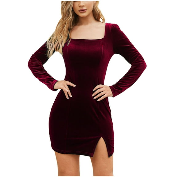 cfhntfmh Lounge Dresses for Women Soft Crewneck Long Sleeve Winter Mini Dress Fashion Warm Side Slit Bodycon Tunic Shirts Dress