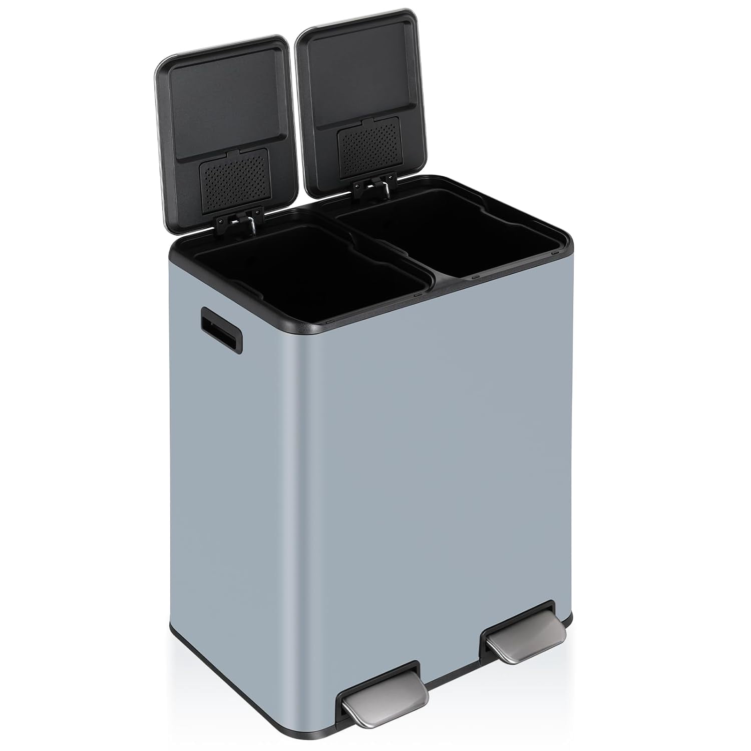 LAZY BUDDY 16 Gallon Kitchen Trash Can with Dual Compartments, Stainless Steel Recycling Step Trash Can with Soft-Close Lid, for Home Office