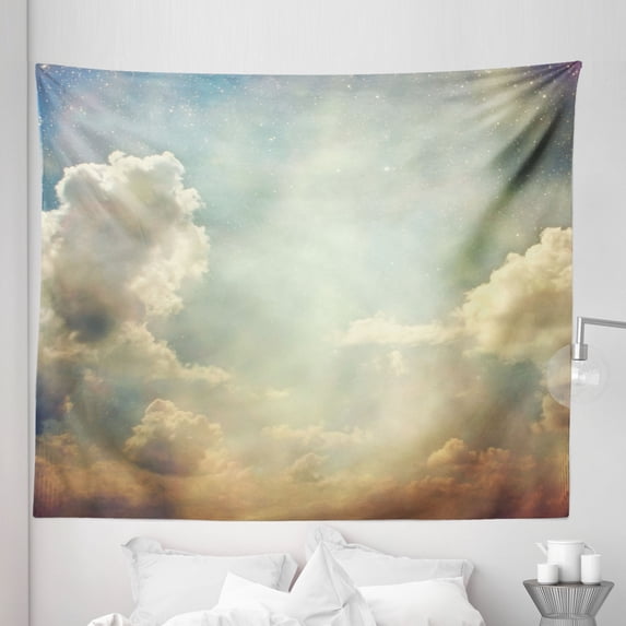 Vintage Tapestry, Sky Looks Like Dream Space with Sun Rays Celestial Miracle Atmosphere Photo, Fabric Wall Hanging Decor for Bedroom Living Room Dorm, 5 Sizes, Blue White, by Ambesonne