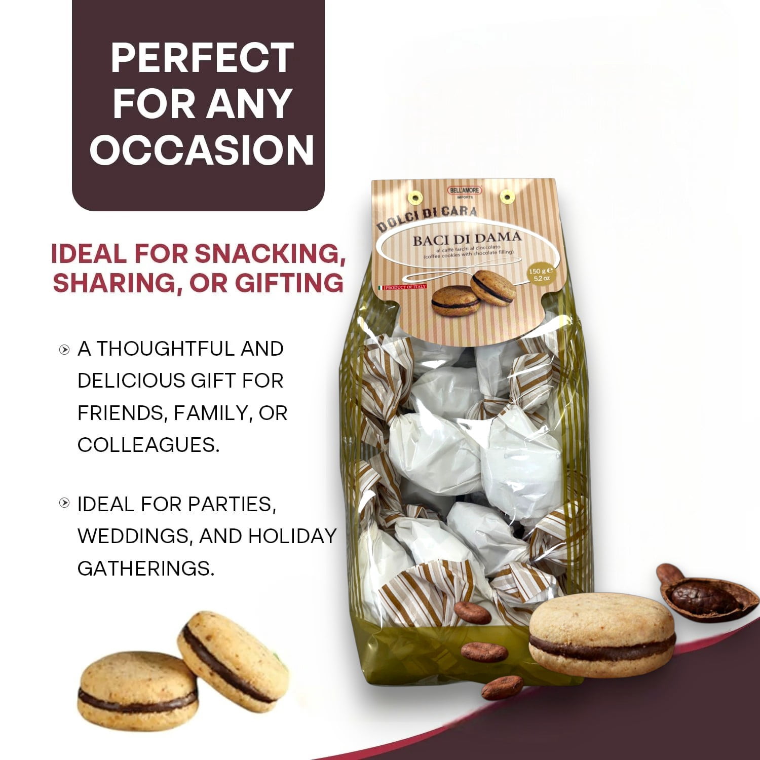 Italian Cookies, Hazelnut Cookies Filled with Rich Chocolate Filling, 300g (2 x 150g bags), Made in Italy - Baci Di Dama