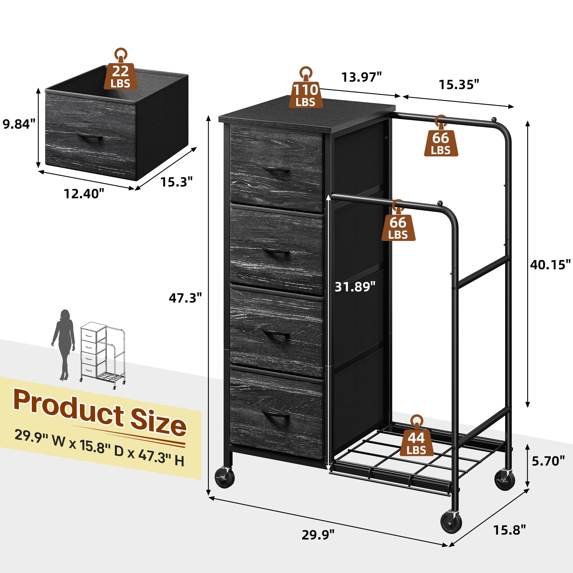 EnHomee Fabric Dresser with 2 Hanging Racks Small Dresser with 4 Drawers for bedroom Small Closet with Clothes Rack, Black