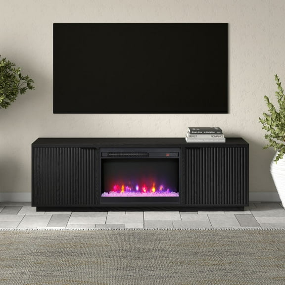 Mansfield Rectangular TV Stand with 26" Crystal Fireplace for TV's up to 78" in Black Grain