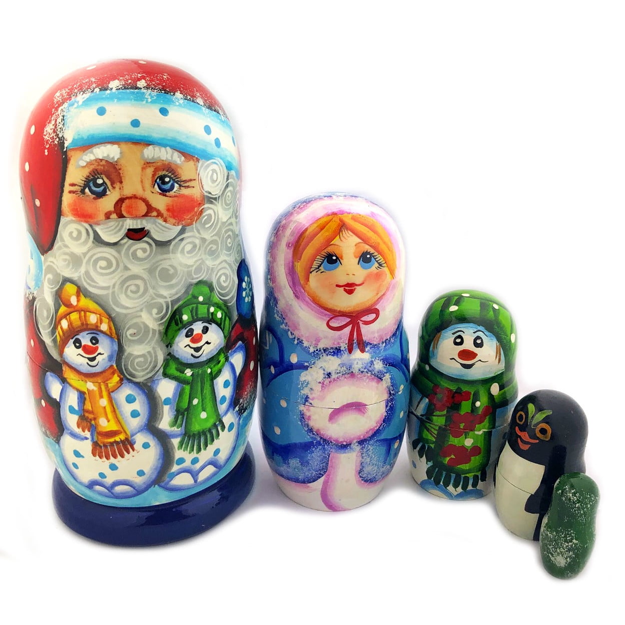 Christmas tree  Santa & Snowmaiden  & Snowman RUSSIAN NESTING DOLL 5  PCS 
