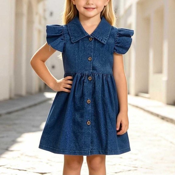 Bxsruta Girls Flutter Sleeve Denim Dress - Casual Collared A Line Sundress for Toddler Little Kids, Daily Outdoor Play & Holiday Occasion, Comfort Stretchy Fabric