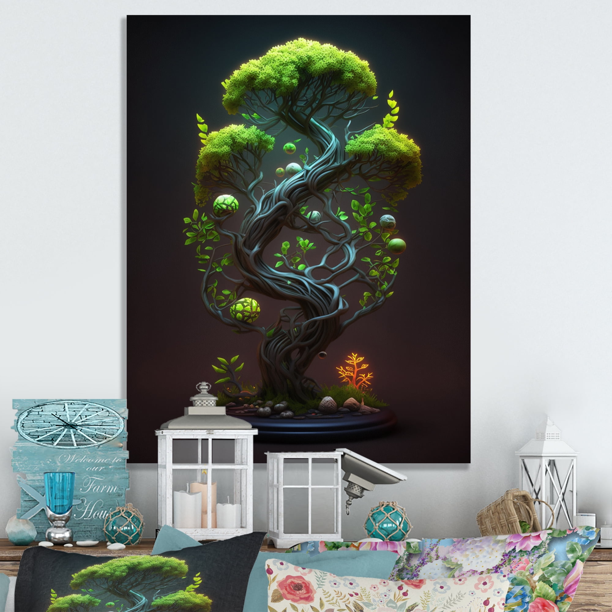 Designart Neon Bonsai Swirl Tree V Canvas Wall Art